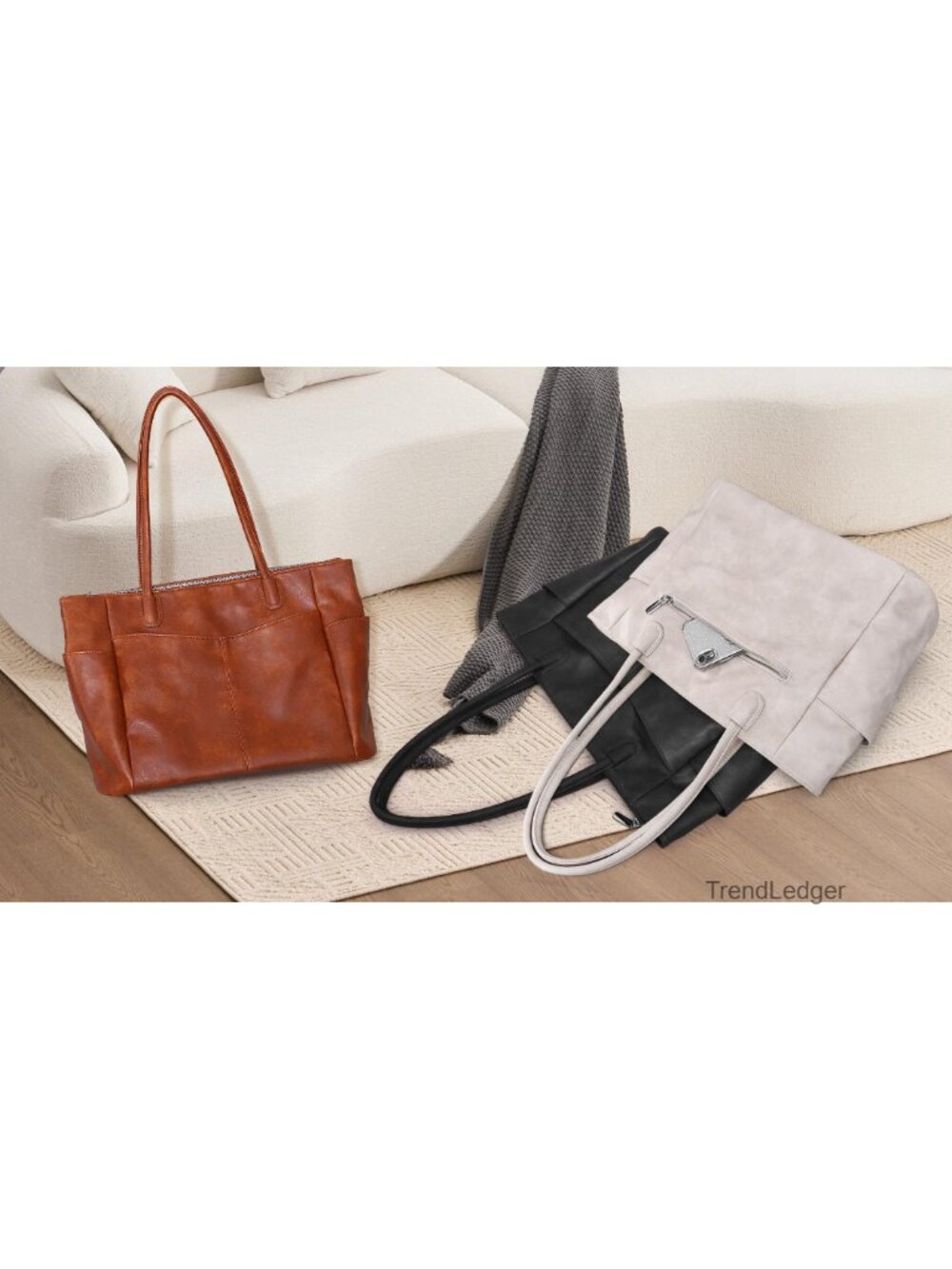 Large Vegan Leather Tote Bag for Women Work Travel Zipper Shoulder Bag - Picture 4 of 6